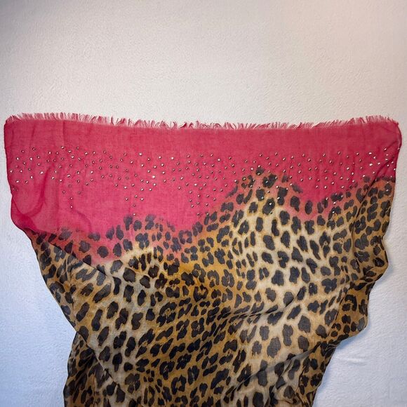 Large Leopard Spotted Scarf Bright Pink Accents Studded 27 x 100 NWT - Picture 7 of 14